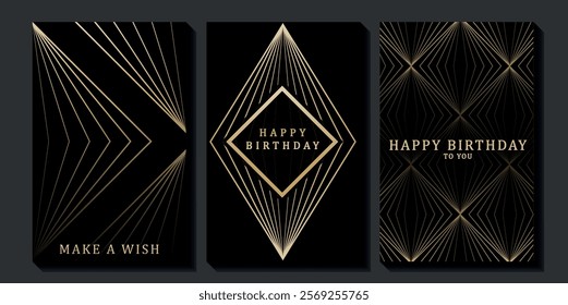 Set of luxury birthday cards on a black background. Modern gold and black design. Golden elegant geometric pattern, gold line on dark background. Premium design illustration for birthday party.