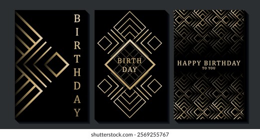 Set of luxury birthday cards on a black background. Modern gold and black design. Golden elegant geometric pattern, gold line on dark background. Premium design illustration for birthday party.