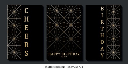 Set of luxury birthday cards on a black background. Modern gold and black design. Golden elegant geometric pattern, gold line on dark background. Premium design illustration for birthday party.