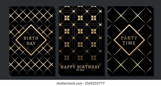 Set of luxury birthday cards on a black background. Modern gold and black design. Golden elegant geometric pattern, gold line on dark background. Premium design illustration for birthday party.