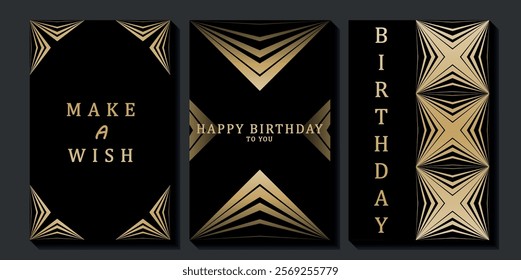 Set of luxury birthday cards on a black background. Modern gold and black design. Golden elegant geometric pattern, gold line on dark background. Premium design illustration for birthday party.