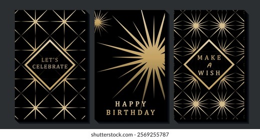 Set of luxury birthday cards on a black background. Modern gold and black design. Golden elegant geometric pattern, gold line on dark background. Premium design illustration for birthday party.