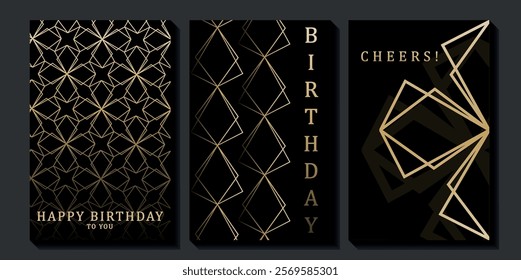 Set of luxury birthday cards on a black background. Modern gold and black design. Golden elegant geometric pattern, gold line on dark background. Premium design illustration for birthday party.