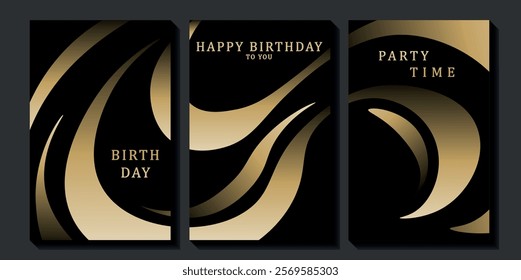 Set of luxury birthday cards on a black background. Modern gold and black design. Golden elegant geometric pattern, gold line on dark background. Premium design illustration for birthday party.