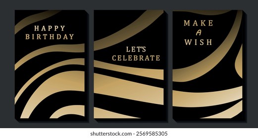 Set of luxury birthday cards on a black background. Modern gold and black design. Golden elegant geometric pattern, gold line on dark background. Premium design illustration for birthday party.