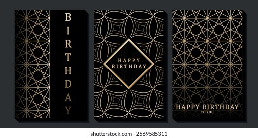 Set of luxury birthday cards on a black background. Modern gold and black design. Golden elegant geometric pattern, gold line on dark background. Premium design illustration for birthday party.