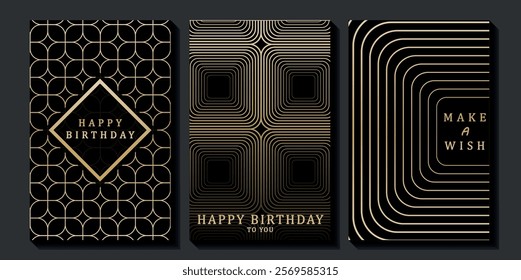 Set of luxury birthday cards on a black background. Modern gold and black design. Golden elegant geometric pattern, gold line on dark background. Premium design illustration for birthday party.