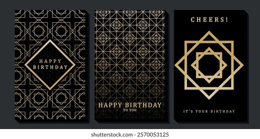 Set of luxury birthday cards on a black background. Modern gold and black design. Golden elegant geometric pattern, gold line on dark background. Premium design illustration for birthday party.