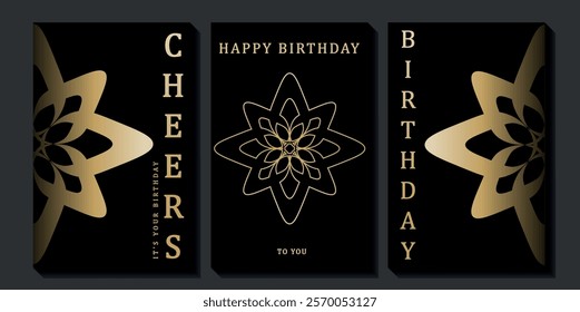 Set of luxury birthday cards on a black background. Modern gold and black design. Golden elegant geometric pattern, gold line on dark background. Premium design illustration for birthday party.