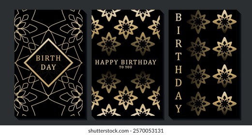 Set of luxury birthday cards on a black background. Modern gold and black design. Golden elegant geometric pattern, gold line on dark background. Premium design illustration for birthday party.