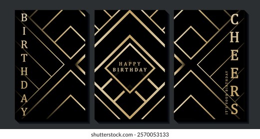 Set of luxury birthday cards on a black background. Modern gold and black design. Golden elegant geometric pattern, gold line on dark background. Premium design illustration for birthday party.