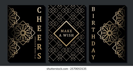 Set of luxury birthday cards on a black background. Modern gold and black design. Golden elegant geometric pattern, gold line on dark background. Premium design illustration for birthday party.