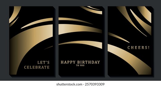 Set of luxury birthday cards on a black background. Modern gold and black design. Golden elegant geometric pattern, gold line on dark background. Premium design illustration for birthday party.