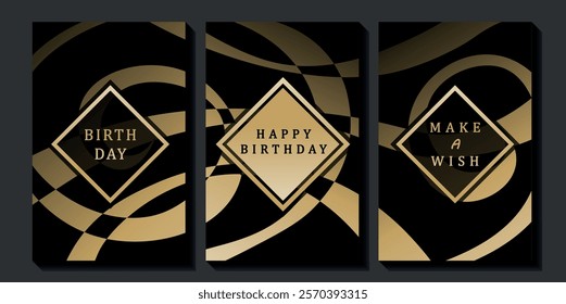 Set of luxury birthday cards on a black background. Modern gold and black design. Golden elegant geometric pattern, gold line on dark background. Premium design illustration for birthday party.