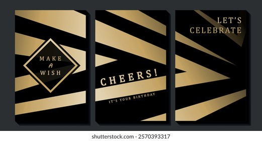 Set of luxury birthday cards on a black background. Modern gold and black design. Golden elegant geometric pattern, gold line on dark background. Premium design illustration for birthday party.