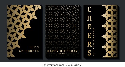 Set of luxury birthday cards on a black background. Modern gold and black design. Golden elegant geometric pattern, gold line on dark background. Premium design illustration for birthday party.