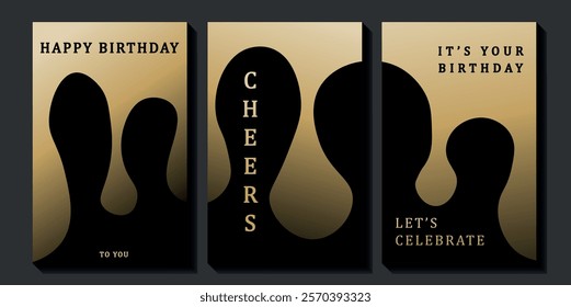 Set of luxury birthday cards on a black background. Modern gold and black design. Golden elegant geometric pattern, gold line on dark background. Premium design illustration for birthday party.