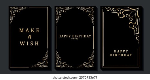 Set of luxury birthday cards on a black background. Modern gold and black design. Golden elegant geometric pattern, gold line on dark background. Premium design illustration for birthday party.