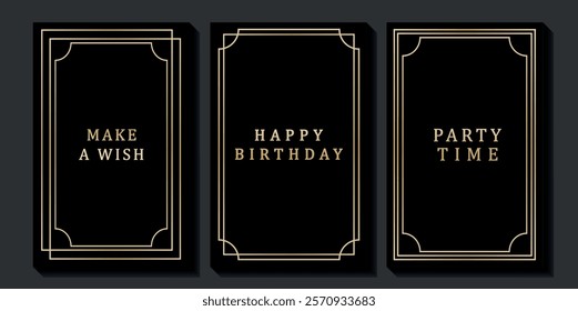 Set of luxury birthday cards on a black background. Modern gold and black design. Golden elegant geometric pattern, gold line on dark background. Premium design illustration for birthday party.