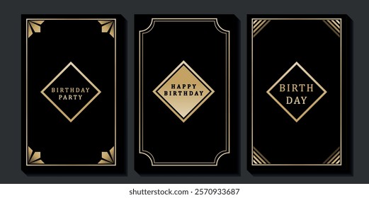 Set of luxury birthday cards on a black background. Modern gold and black design. Golden elegant geometric pattern, gold line on dark background. Premium design illustration for birthday party.