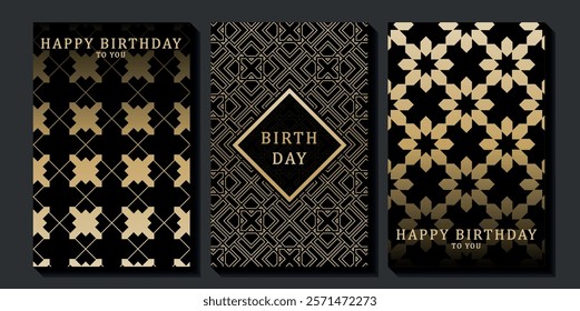 Set of luxury birthday cards on a black background. Modern gold and black design. Golden elegant geometric pattern, gold line on dark background. Premium design illustration for birthday party.