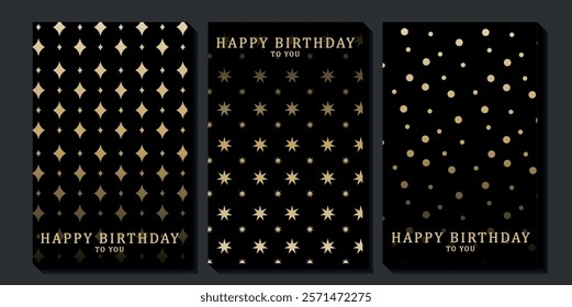 Set of luxury birthday cards on a black background. Modern gold and black design. Golden elegant geometric pattern, gold line on dark background. Premium design illustration for birthday party.