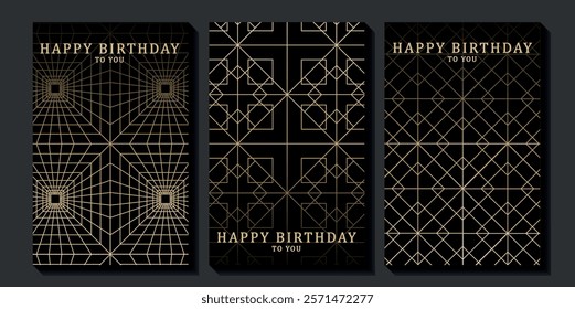 Set of luxury birthday cards on a black background. Modern gold and black design. Golden elegant geometric pattern, gold line on dark background. Premium design illustration for birthday party.