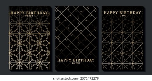 Set of luxury birthday cards on a black background. Modern gold and black design. Golden elegant geometric pattern, gold line on dark background. Premium design illustration for birthday party.