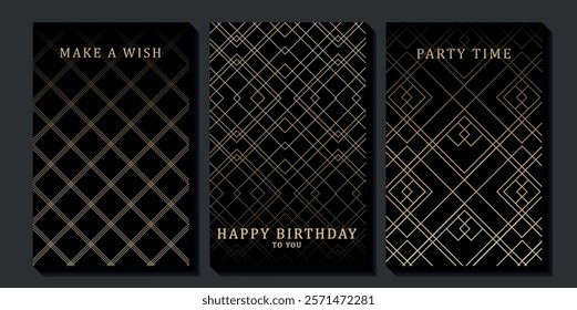 Set of luxury birthday cards on a black background. Modern gold and black design. Golden elegant geometric pattern, gold line on dark background. Premium design illustration for birthday party.