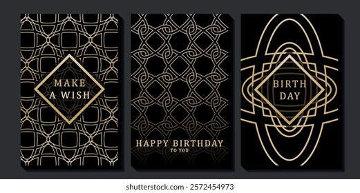 Set of luxury birthday cards on a black background. Modern gold and black design. Golden elegant geometric pattern, gold line on dark background. Premium design illustration for birthday party.