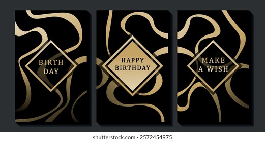 Set of luxury birthday cards on a black background. Modern gold and black design. Golden elegant geometric pattern, gold line on dark background. Premium design illustration for birthday party.