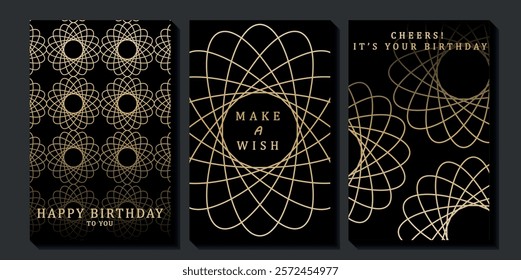 Set of luxury birthday cards on a black background. Modern gold and black design. Golden elegant geometric pattern, gold line on dark background. Premium design illustration for birthday party.