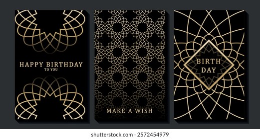 Set of luxury birthday cards on a black background. Modern gold and black design. Golden elegant geometric pattern, gold line on dark background. Premium design illustration for birthday party.