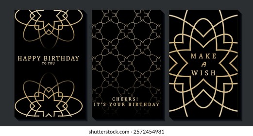 Set of luxury birthday cards on a black background. Modern gold and black design. Golden elegant geometric pattern, gold line on dark background. Premium design illustration for birthday party.