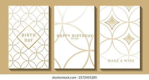 Set of luxury birthday cards on a white background. Modern gold and white design. Golden elegant geometric pattern, gold line on light background. Premium design illustration for birthday party.