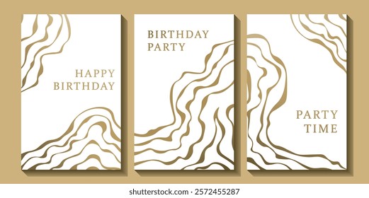 Set of luxury birthday cards on a white background. Modern gold and white design. Golden elegant geometric pattern, gold line on light background. Premium design illustration for birthday party.