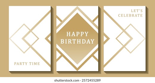 Set of luxury birthday cards on a white background. Modern gold and white design. Golden elegant geometric pattern, gold line on light background. Premium design illustration for birthday party.