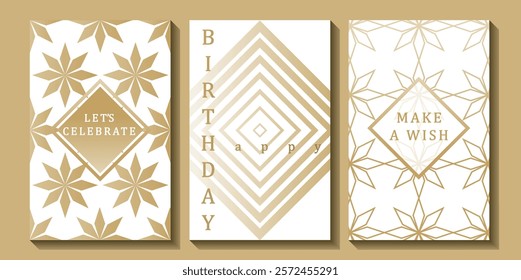 Set of luxury birthday cards on a white background. Modern gold and white design. Golden elegant geometric pattern, gold line on light background. Premium design illustration for birthday party.