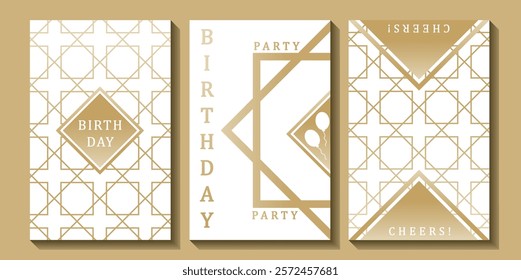 Set of luxury birthday cards on a white background. Modern gold and white design. Golden elegant geometric pattern, gold line on light background. Premium design illustration for birthday party.