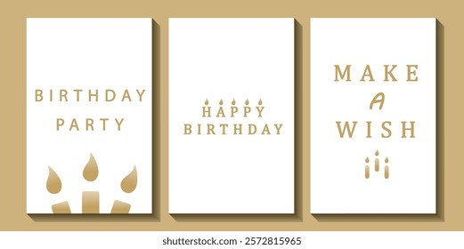 Set of luxury birthday cards on a white background. Modern gold and white design. Golden elegant geometric pattern, gold line on light background. Premium design illustration for birthday party.