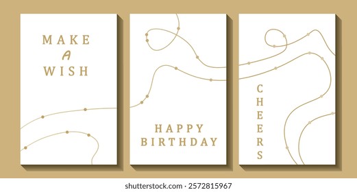 Set of luxury birthday cards on a white background. Modern gold and white design. Golden elegant geometric pattern, gold line on light background. Premium design illustration for birthday party.