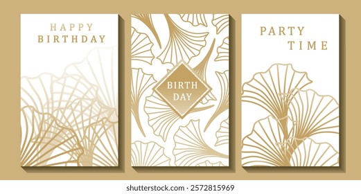 Set of luxury birthday cards on a white background. Modern gold and white design. Golden elegant geometric pattern, gold line on light background. Premium design illustration for birthday party.