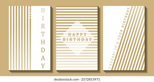 Set of luxury birthday cards on a white background. Modern gold and white design. Golden elegant geometric pattern, gold line on light background. Premium design illustration for birthday party.