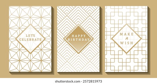 Set of luxury birthday cards on a white background. Modern gold and white design. Golden elegant geometric pattern, gold line on light background. Premium design illustration for birthday party.