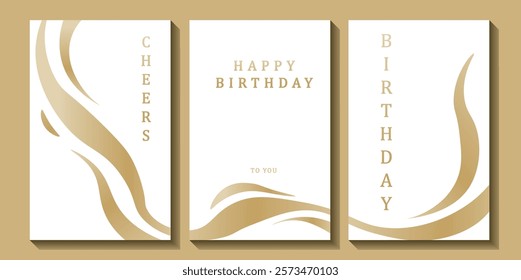 Set of luxury birthday cards on a white background. Modern gold and white design. Golden elegant geometric pattern, gold line on light background. Premium design illustration for birthday party.