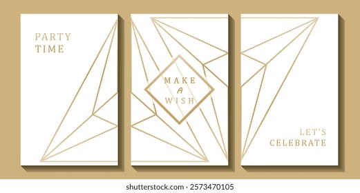 Set of luxury birthday cards on a white background. Modern gold and white design. Golden elegant geometric pattern, gold line on light background. Premium design illustration for birthday party.