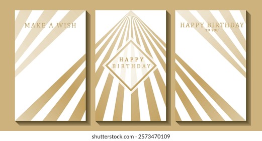 Set of luxury birthday cards on a white background. Modern gold and white design. Golden elegant geometric pattern, gold line on light background. Premium design illustration for birthday party.