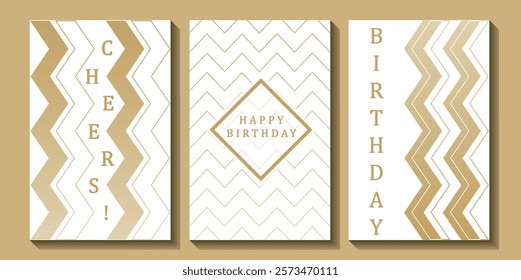 Set of luxury birthday cards on a white background. Modern gold and white design. Golden elegant geometric pattern, gold line on light background. Premium design illustration for birthday party.