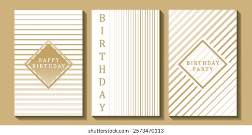 Set of luxury birthday cards on a white background. Modern gold and white design. Golden elegant geometric pattern, gold line on light background. Premium design illustration for birthday party.