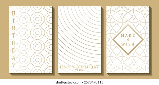 Set of luxury birthday cards on a white background. Modern gold and white design. Golden elegant geometric pattern, gold line on light background. Premium design illustration for birthday party.